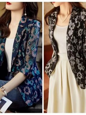 Women Floral Lace Floral Coat Jacket Blazer Hollow Out Top Elegant Office Work